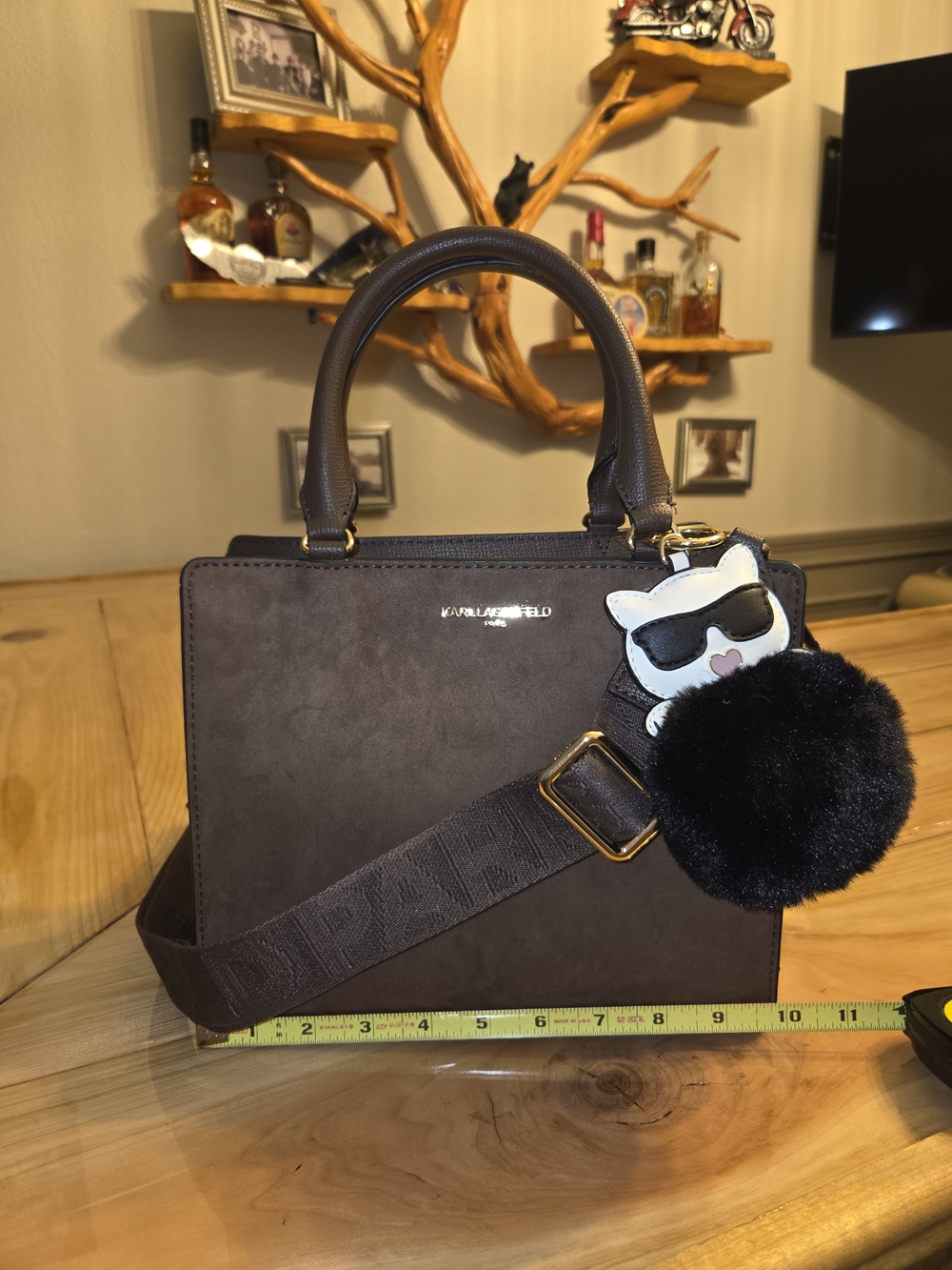 Karl Lagerfeld Brown Leather And Suede Structured Tote/Satchel with Sig Charm.